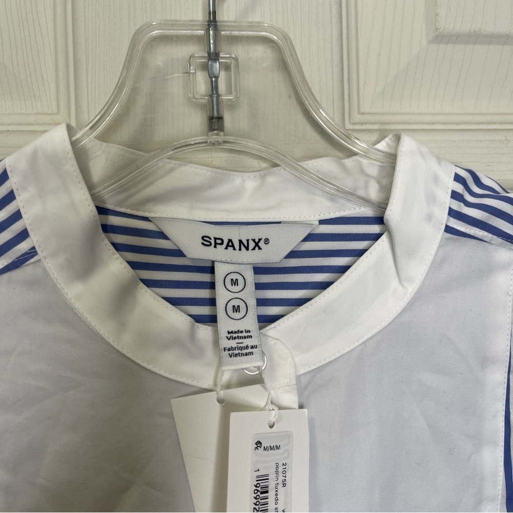 SPANX® Poplin Tuxedo Shirt Navy White Stripe Sz M - Picture 4 of 5